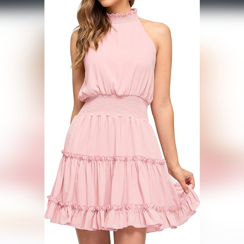 NWT Women's Summer Sleeveless Halter Neck Mini Dress (Pink) - SYZRI
